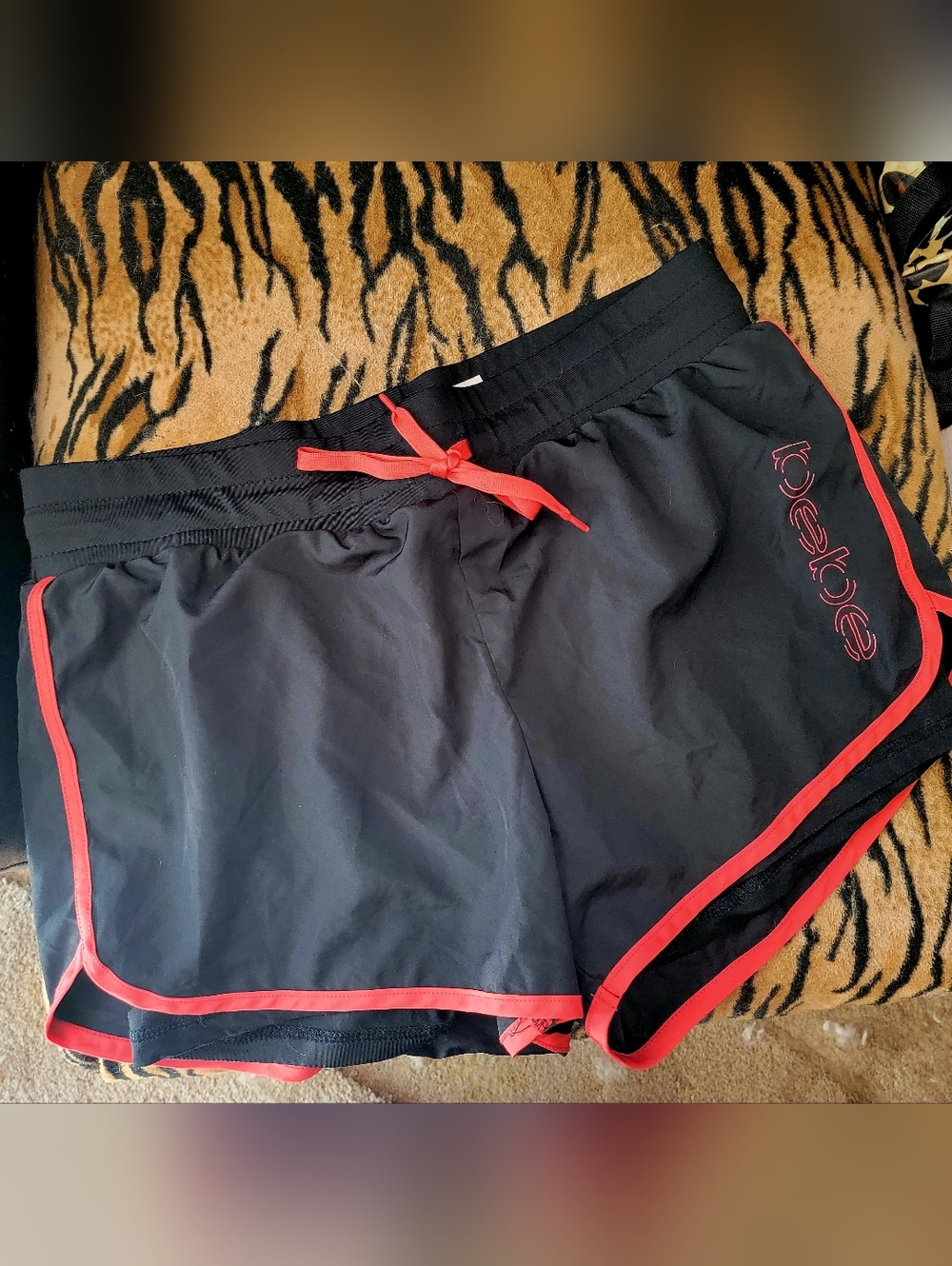 Bebe Black Athletic Swim Shorts w Orange Trim - Ladies Activewear Sz Large